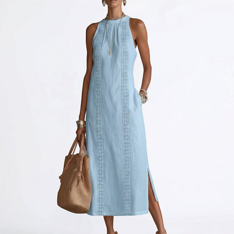 👗 50 % RABATT AKTUELL! ✨ Lässiges Leinen-Optik Kleid – Trägerlos mit Spitze, Seitenschlitze, elegant für Stadt & Café 🌿