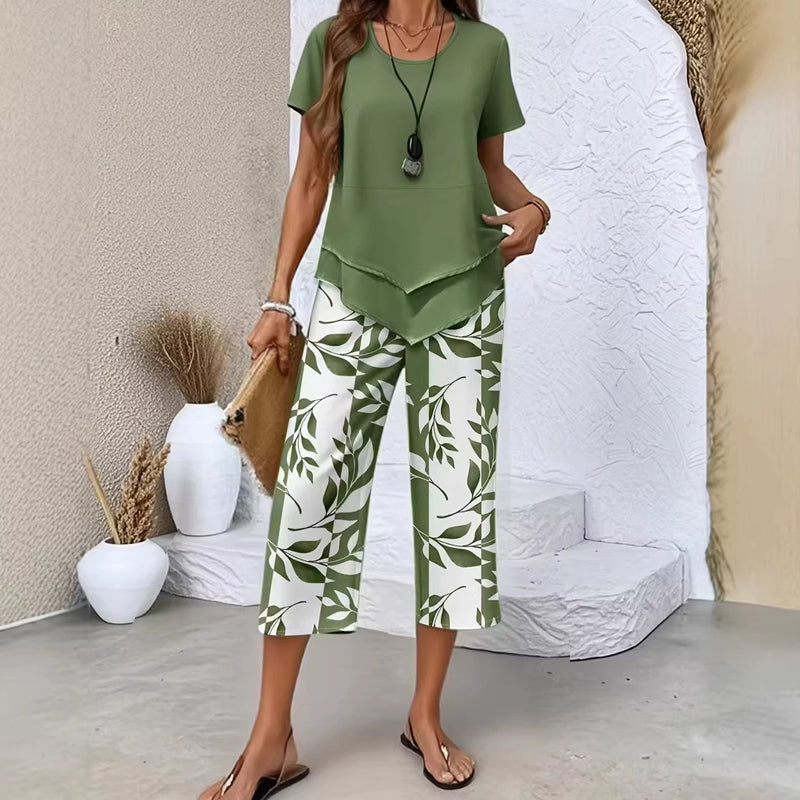 👗🔥 Damen Zweiteiler Set mit asymmetrischem Saum – Einfarbig Kurzarm-Oberteil + bedruckte Weitbeinhose in Größen S-5XL, 4 Farben