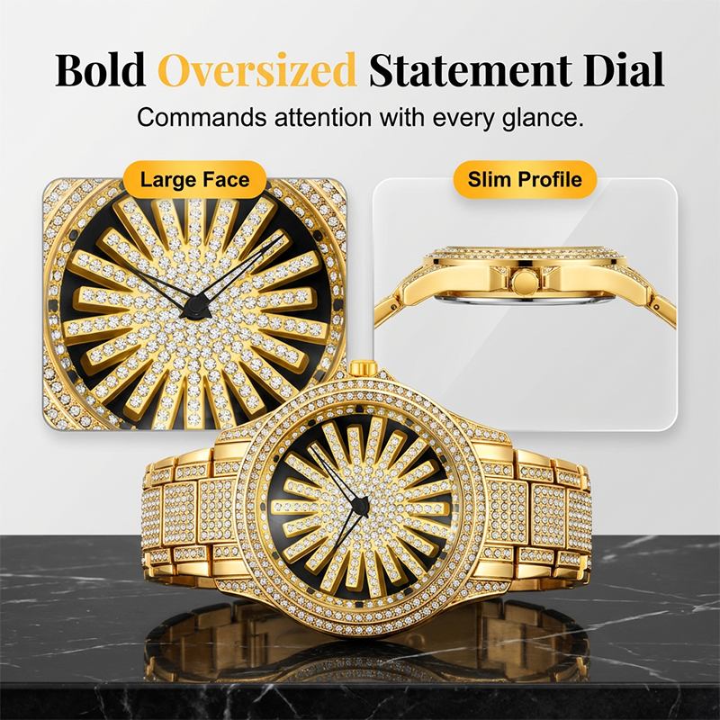 💎 Herren Armbanduhr mit drehbarem Zifferblatt – Goldoptik mit Kristallbesatz, präzises Quarzwerk & wasserdicht✨