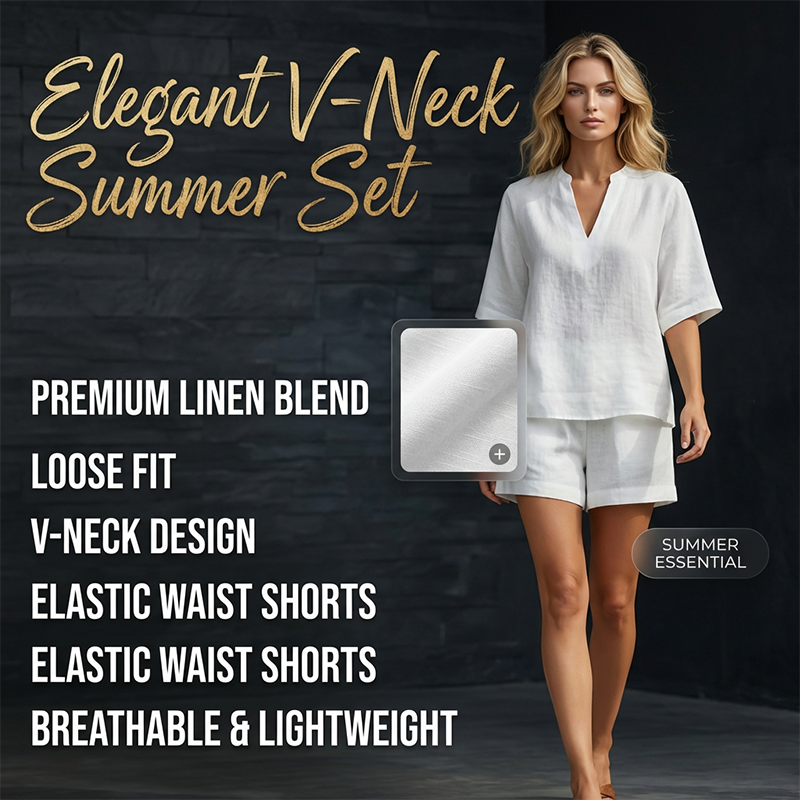 🔥 50% RABATT! Damen Sommer-Set aus Leinen-Mix – V-Ausschnitt Top + Shorts, leicht & bequem!