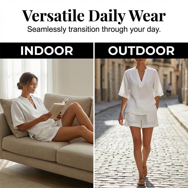 🔥 50% RABATT! Damen Sommer-Set aus Leinen-Mix – V-Ausschnitt Top + Shorts, leicht & bequem!