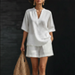 🔥 50% RABATT! Damen Sommer-Set aus Leinen-Mix – V-Ausschnitt Top + Shorts, leicht & bequem!
