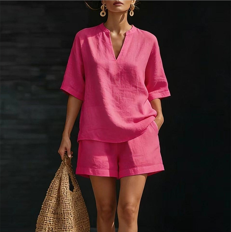 🔥 50% RABATT! Damen Sommer-Set aus Leinen-Mix – V-Ausschnitt Top + Shorts, leicht & bequem!