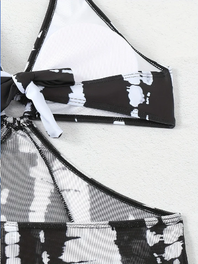 ⏰ Nur noch heute limitierter 55% Rabatt! 👙 2-teiliges Bikini-Set mit transparentem Strand-Maxirock, Ring-Detail am Halsausschnitt, elastischer Stoff, trendiger Schwarz-Weiß Batik Print für Pool, Strand & Sommerurlaub ✨
