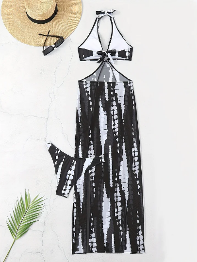 ⏰ Nur noch heute limitierter 55% Rabatt! 👙 2-teiliges Bikini-Set mit transparentem Strand-Maxirock, Ring-Detail am Halsausschnitt, elastischer Stoff, trendiger Schwarz-Weiß Batik Print für Pool, Strand & Sommerurlaub ✨