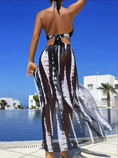 ⏰ Nur noch heute limitierter 55% Rabatt! 👙 2-teiliges Bikini-Set mit transparentem Strand-Maxirock, Ring-Detail am Halsausschnitt, elastischer Stoff, trendiger Schwarz-Weiß Batik Print für Pool, Strand & Sommerurlaub ✨