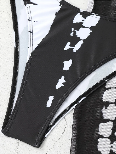 ⏰ Nur noch heute limitierter 55% Rabatt! 👙 2-teiliges Bikini-Set mit transparentem Strand-Maxirock, Ring-Detail am Halsausschnitt, elastischer Stoff, trendiger Schwarz-Weiß Batik Print für Pool, Strand & Sommerurlaub ✨