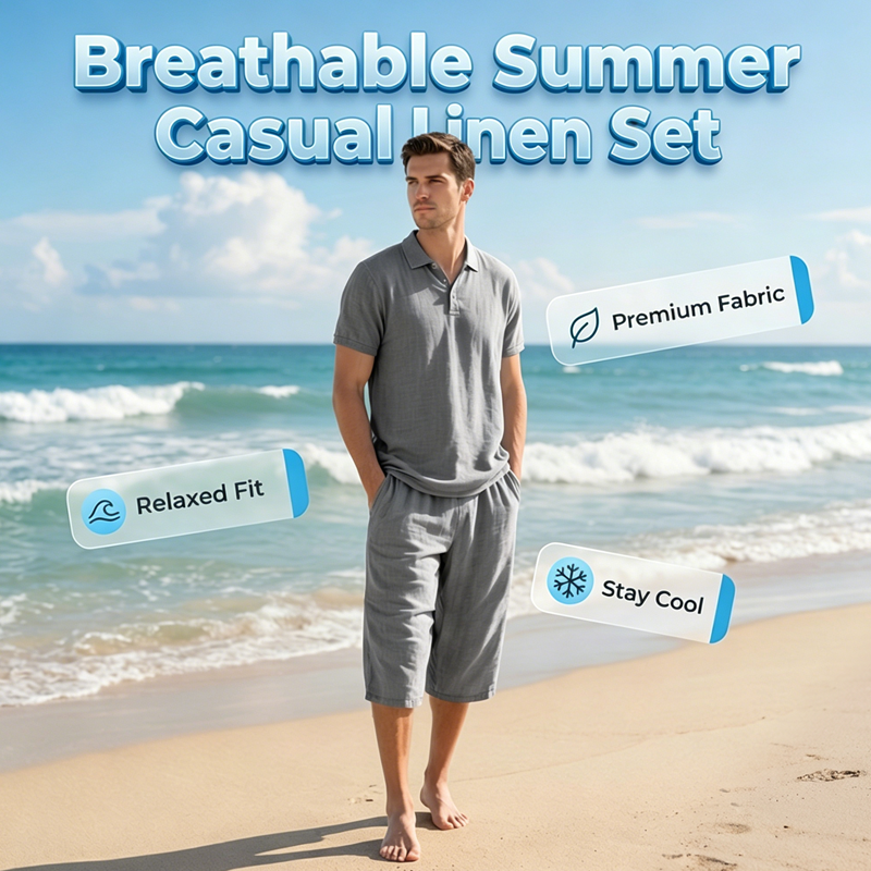 ✈️Versandkostenfrei🔥 Letzter Tag! 50% Rabatt Herren Leinen 2-Teiler Set 🌿 Polohemd + Caprihose, luftig für den Sommer