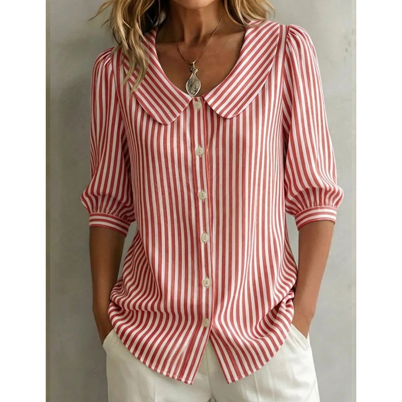 🔥 Letzter Tag! 50% Rabatt Damen Gestreifte Bürobluse mit breitem Kragen 💼 Schlankmachende atmungsaktive Halbarm-Bluse für warme Tage
