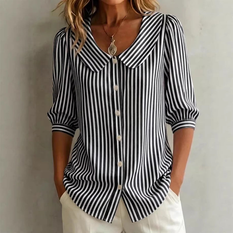 🔥 Letzter Tag! 50% Rabatt Damen Gestreifte Bürobluse mit breitem Kragen 💼 Schlankmachende atmungsaktive Halbarm-Bluse für warme Tage