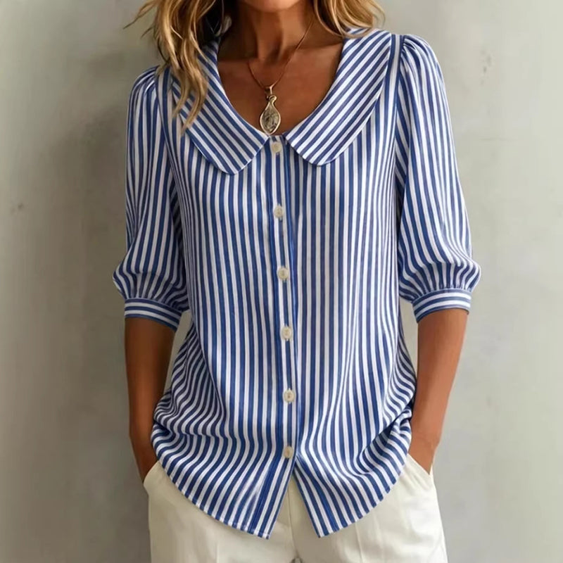 🔥 Letzter Tag! 50% Rabatt Damen Gestreifte Bürobluse mit breitem Kragen 💼 Schlankmachende atmungsaktive Halbarm-Bluse für warme Tage