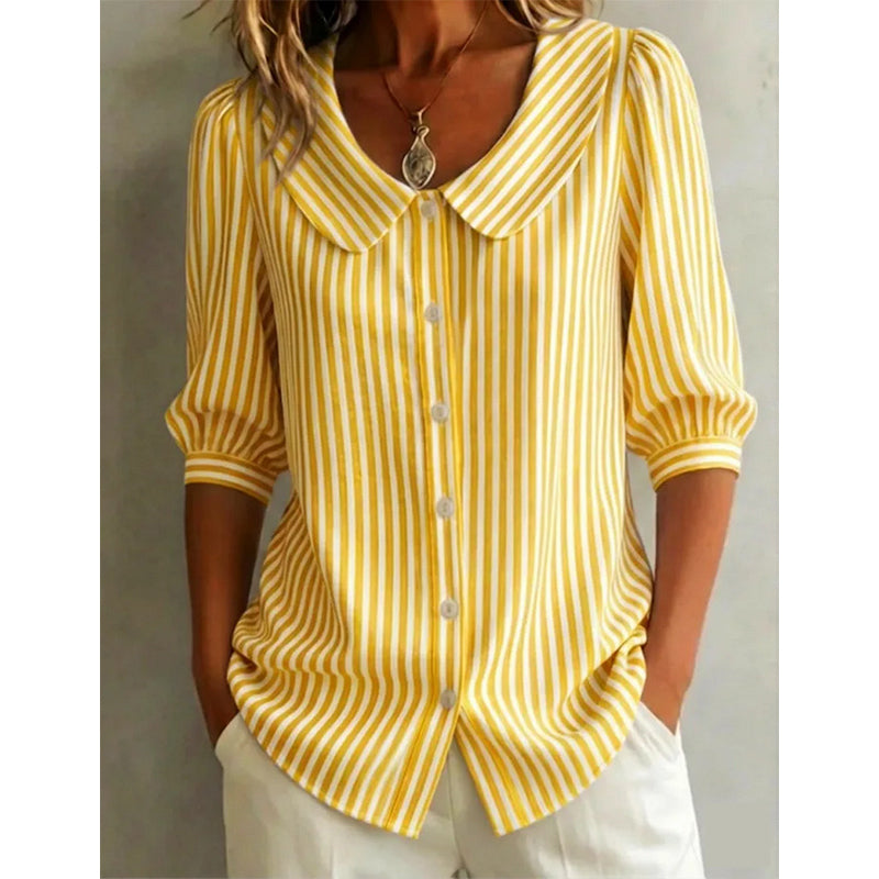 🔥 Letzter Tag! 50% Rabatt Damen Gestreifte Bürobluse mit breitem Kragen 💼 Schlankmachende atmungsaktive Halbarm-Bluse für warme Tage