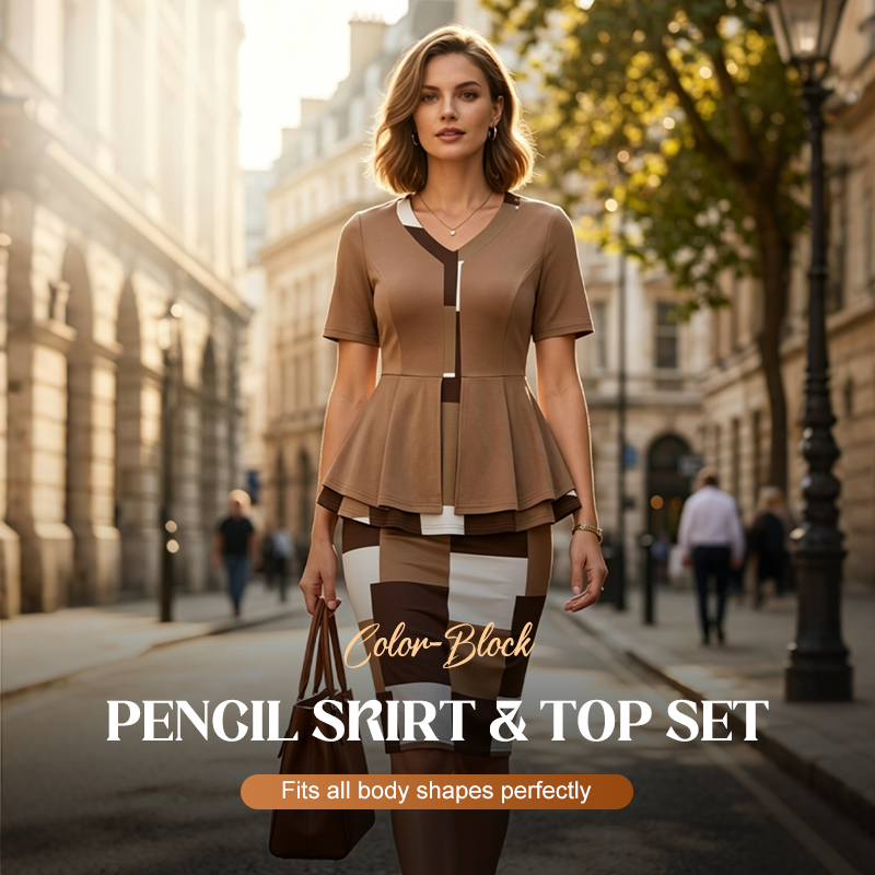 🔥 50% RABATT! Zweiteiler mit Peplum-Top & Bleistiftrock – Farbenfrohes Color-Block-Design für Büro & Events!