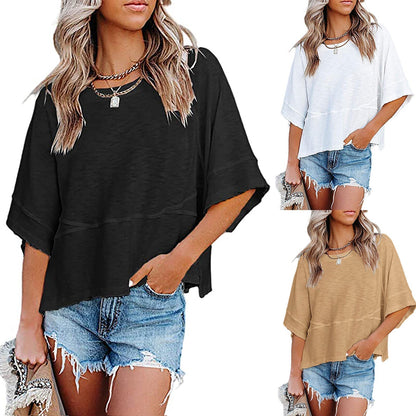👕 LIMITIERTER 50% RABATT! Einfarbiges Patchwork-T-Shirt für Damen – Lockerer Schnitt, weite 5-Punkt Trompetenärmel, 3 Trendfarben
