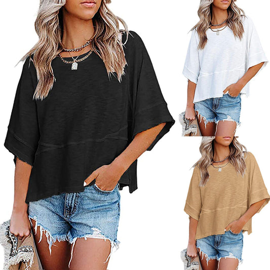 👕 LIMITIERTER 50% RABATT! Einfarbiges Patchwork-T-Shirt für Damen – Lockerer Schnitt, weite 5-Punkt Trompetenärmel, 3 Trendfarben