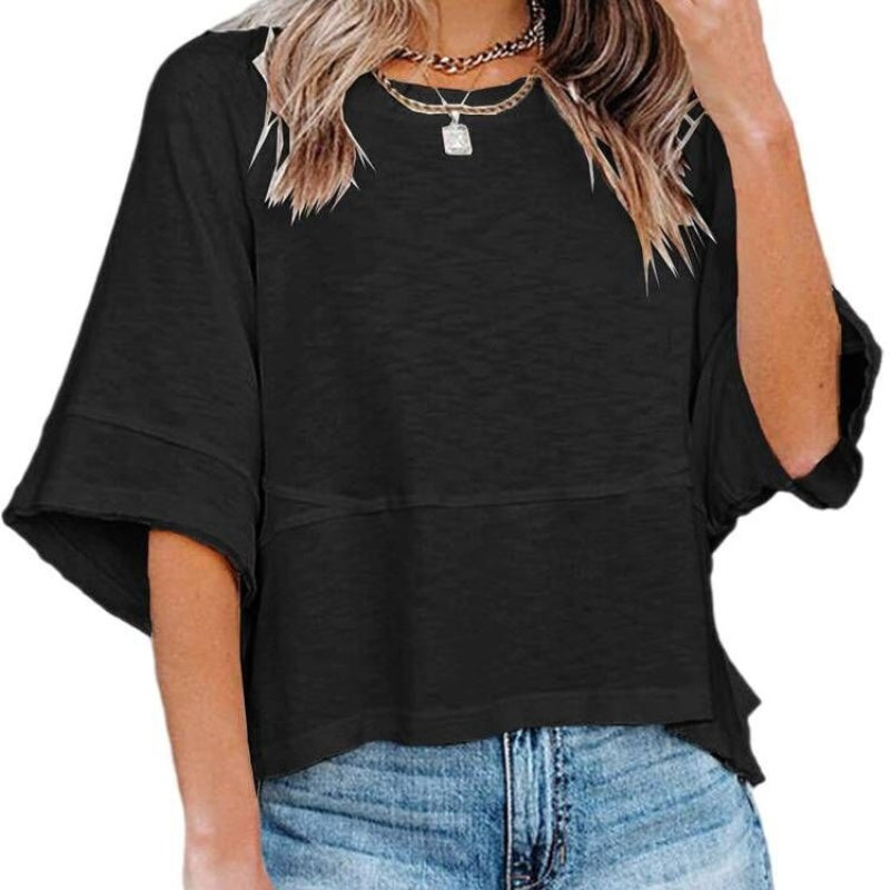 👕 LIMITIERTER 50% RABATT! Einfarbiges Patchwork-T-Shirt für Damen – Lockerer Schnitt, weite 5-Punkt Trompetenärmel, 3 Trendfarben