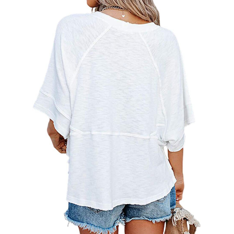 👕 LIMITIERTER 50% RABATT! Einfarbiges Patchwork-T-Shirt für Damen – Lockerer Schnitt, weite 5-Punkt Trompetenärmel, 3 Trendfarben