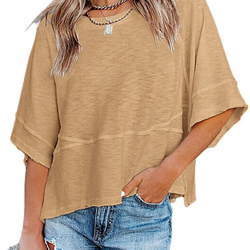 👕 LIMITIERTER 50% RABATT! Einfarbiges Patchwork-T-Shirt für Damen – Lockerer Schnitt, weite 5-Punkt Trompetenärmel, 3 Trendfarben