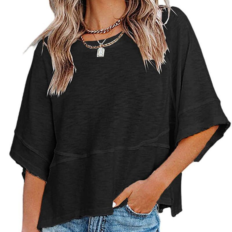 👕 LIMITIERTER 50% RABATT! Einfarbiges Patchwork-T-Shirt für Damen – Lockerer Schnitt, weite 5-Punkt Trompetenärmel, 3 Trendfarben