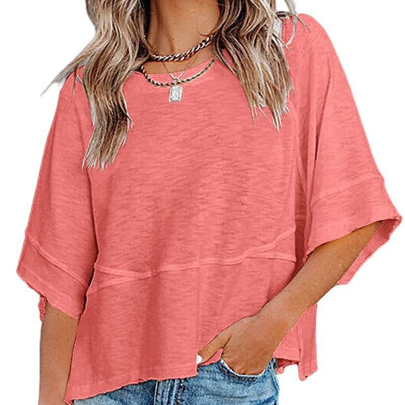 👕 LIMITIERTER 50% RABATT! Einfarbiges Patchwork-T-Shirt für Damen – Lockerer Schnitt, weite 5-Punkt Trompetenärmel, 3 Trendfarben
