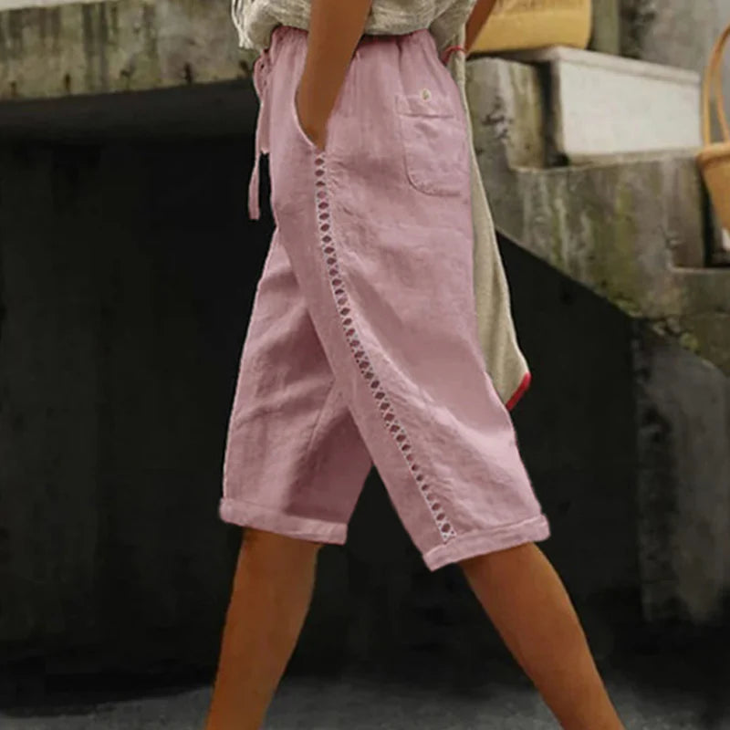 🌿 Damen Capri-Sommerhose mit Spitzendetails – Bequem, luftig & mit elastischem Bund!