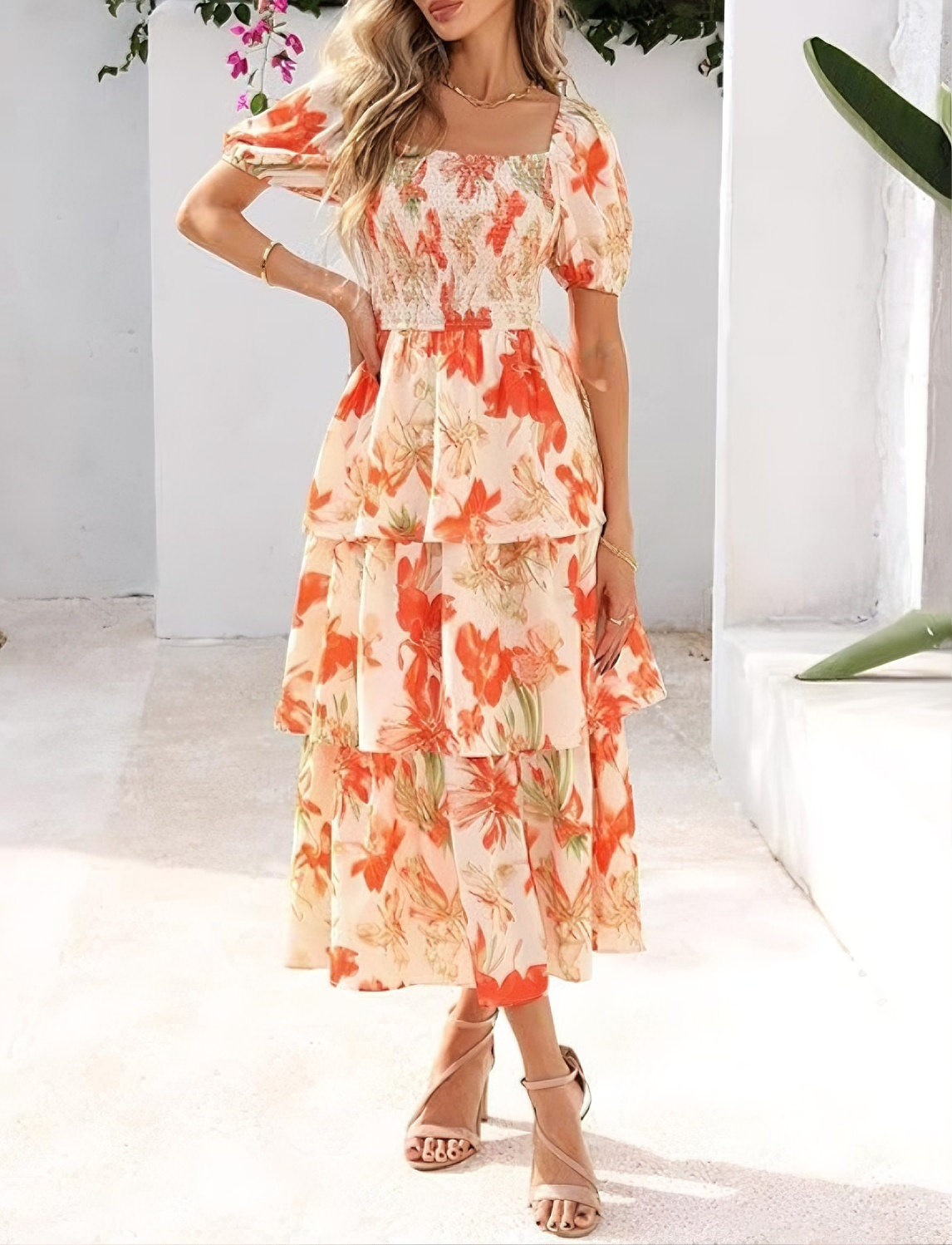 🔥Letzter Tag des Schlussverkaufs – 53 % Rabatt🔥Damen-Maxikleid aus Chiffon mit Blumenmuster und Stufenschnitt – kurze Ärmel, quadratischer Ausschnitt