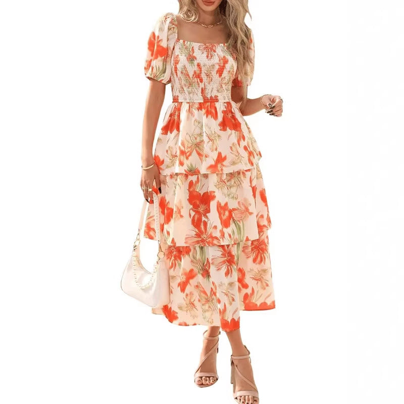 🔥Letzter Tag des Schlussverkaufs – 53 % Rabatt🔥Damen-Maxikleid aus Chiffon mit Blumenmuster und Stufenschnitt – kurze Ärmel, quadratischer Ausschnitt