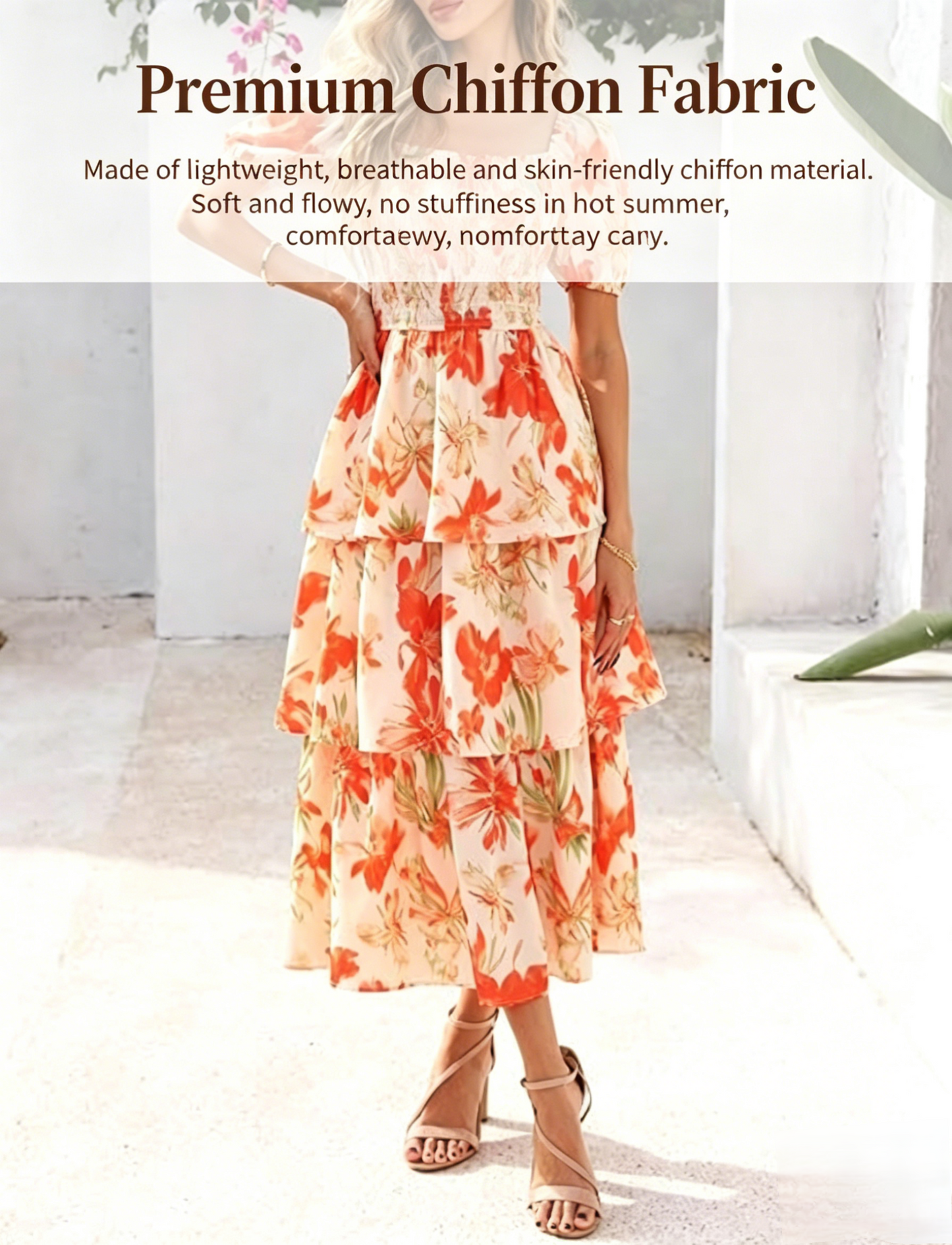 🔥Letzter Tag des Schlussverkaufs – 53 % Rabatt🔥Damen-Maxikleid aus Chiffon mit Blumenmuster und Stufenschnitt – kurze Ärmel, quadratischer Ausschnitt
