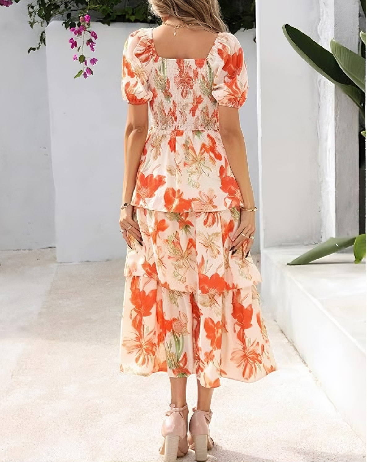 🔥Letzter Tag des Schlussverkaufs – 53 % Rabatt🔥Damen-Maxikleid aus Chiffon mit Blumenmuster und Stufenschnitt – kurze Ärmel, quadratischer Ausschnitt