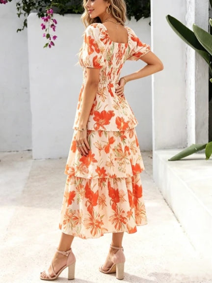 🔥Letzter Tag des Schlussverkaufs – 53 % Rabatt🔥Damen-Maxikleid aus Chiffon mit Blumenmuster und Stufenschnitt – kurze Ärmel, quadratischer Ausschnitt