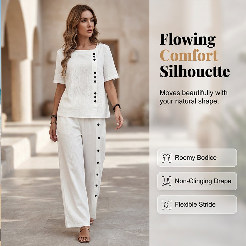 🏖️ 50 % RABATT AUF NEUHEITEN! 👗 Damen Zweiteiler Set – Elegantes Top + weite Hose, atmungsaktiv, für Urlaub & Alltag 🤍