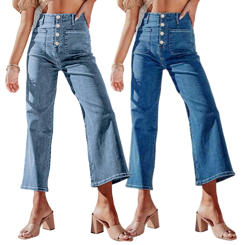 Lässige Damenjeans mit weitem Bein und aufgesetzten Taschen
