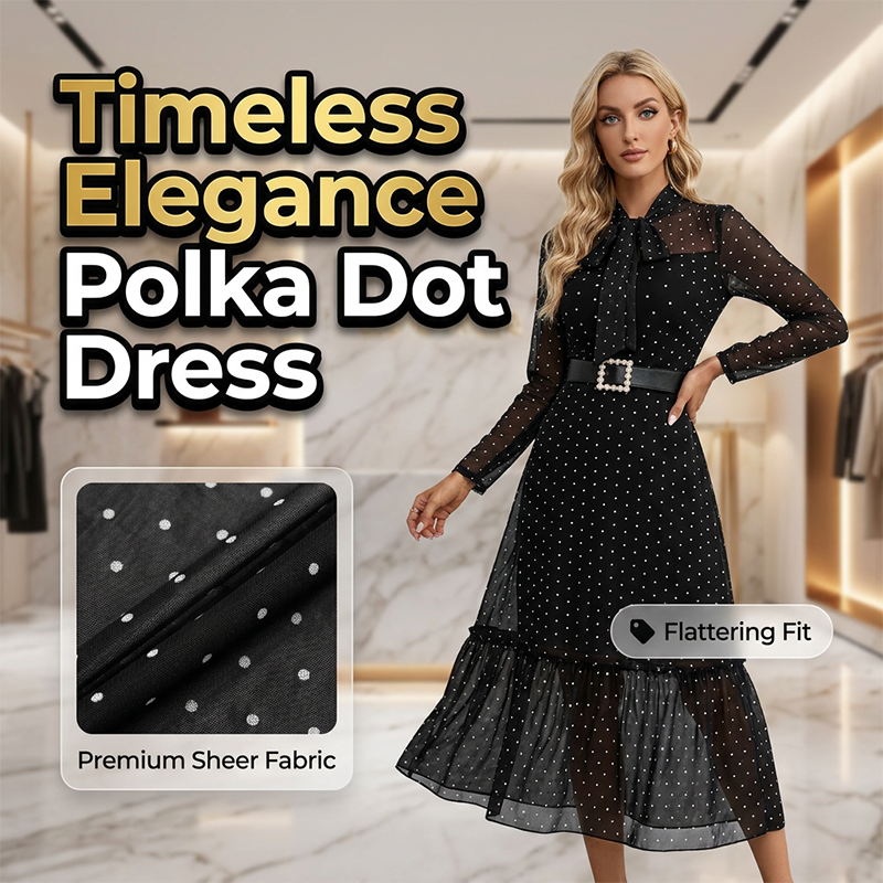 Elegantes Midikleid mit Polka-Dots und Schleifenkragen