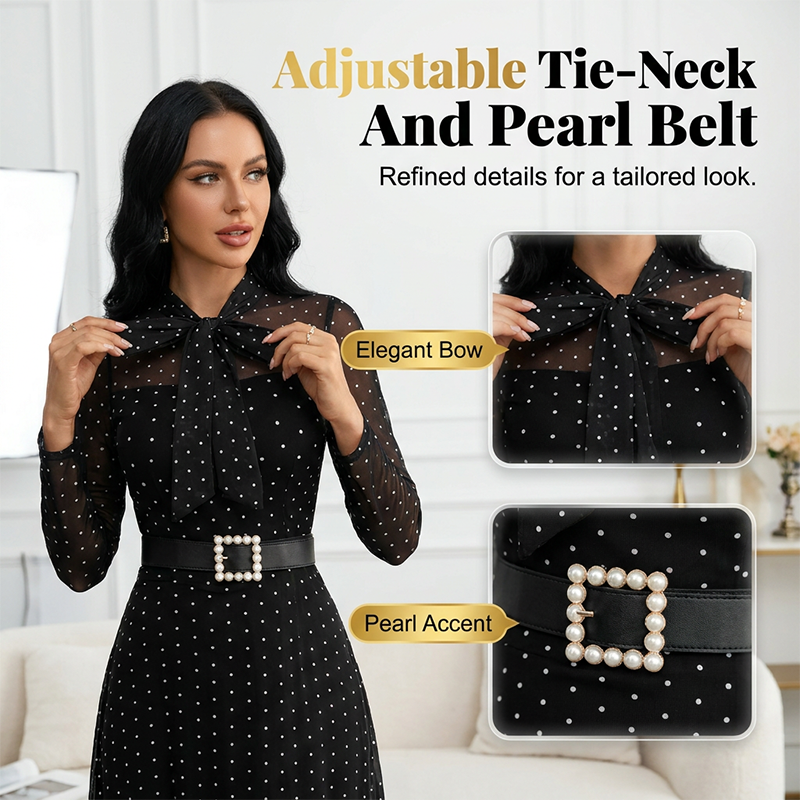 Elegantes Midikleid mit Polka-Dots und Schleifenkragen