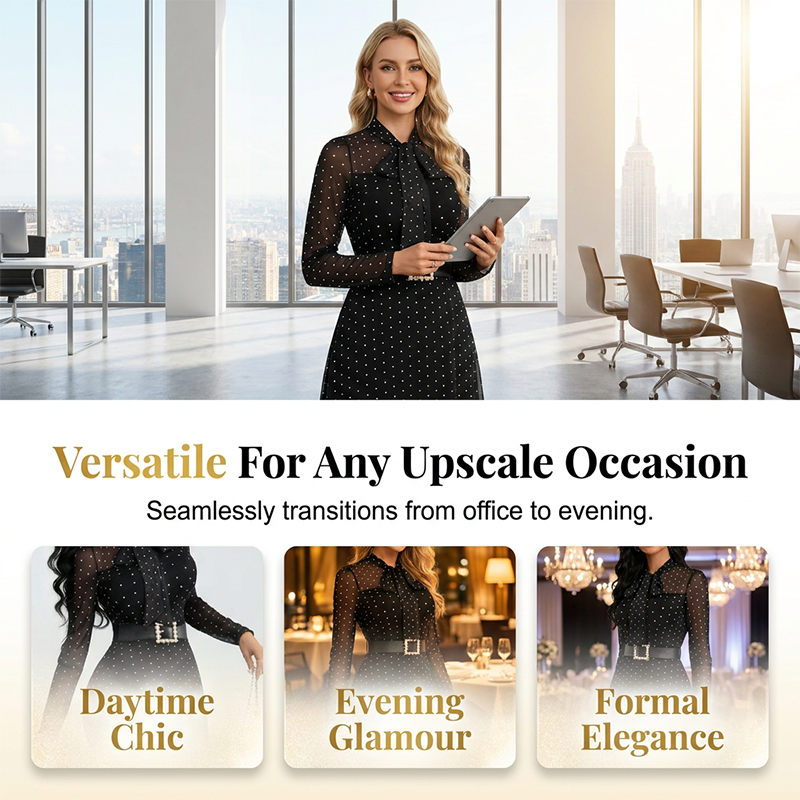 Elegantes Midikleid mit Polka-Dots und Schleifenkragen