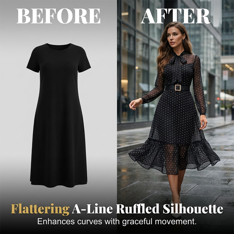 Elegantes Midikleid mit Polka-Dots und Schleifenkragen
