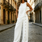 👕 Zweiteiliges Damen Outfit Set – ärmelloses asymmetrisches Top & weite Beinhose mit Knopfdetail, luftiges Sommer-Set in 8 Farben🌿
