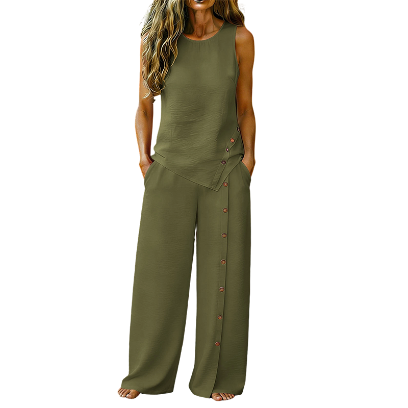 👕 Zweiteiliges Damen Outfit Set – ärmelloses asymmetrisches Top & weite Beinhose mit Knopfdetail, luftiges Sommer-Set in 8 Farben🌿