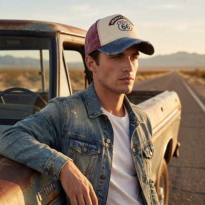 🧢 Vintage Route 66 Baseballkappe – Retro Motorrad-Design, Washed-Optik & Lässiger Stil!