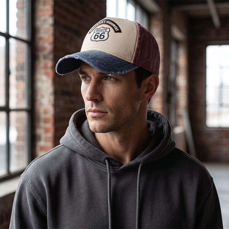🧢 Vintage Route 66 Baseballkappe – Retro Motorrad-Design, Washed-Optik & Lässiger Stil!