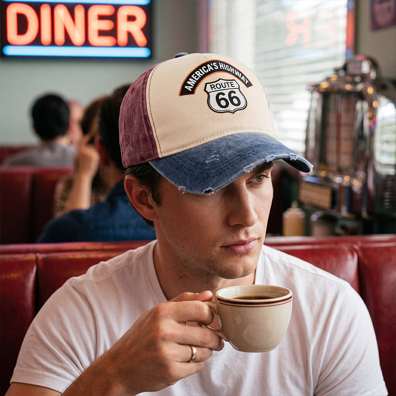 🧢 Vintage Route 66 Baseballkappe – Retro Motorrad-Design, Washed-Optik & Lässiger Stil!