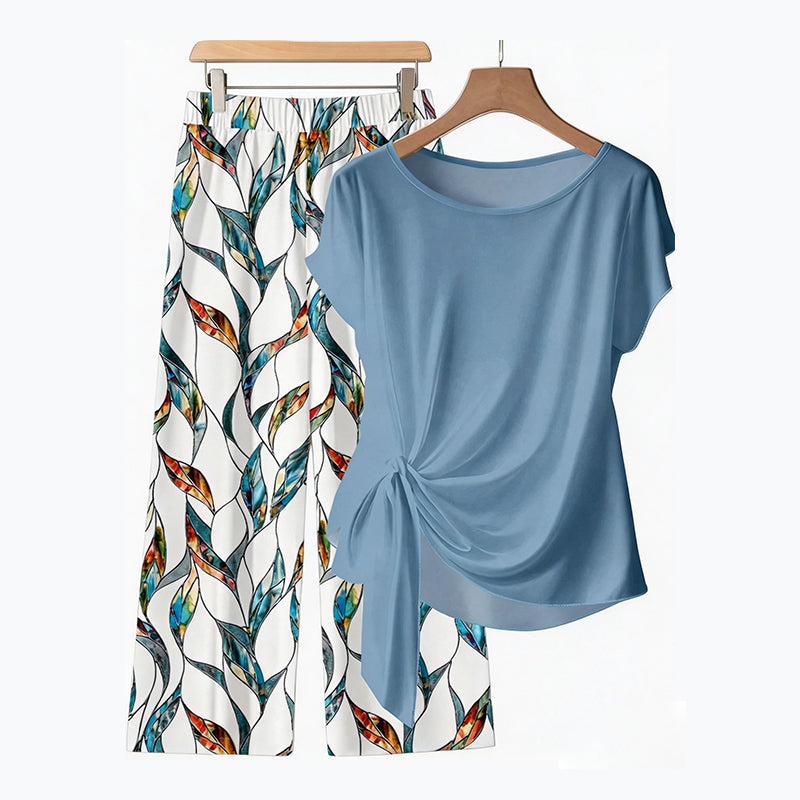 💙 Damen Lounge-Set mit Bindungs-Top & gemusterter Hose – Bequem, stilvoll & perfekt für zu Hause!