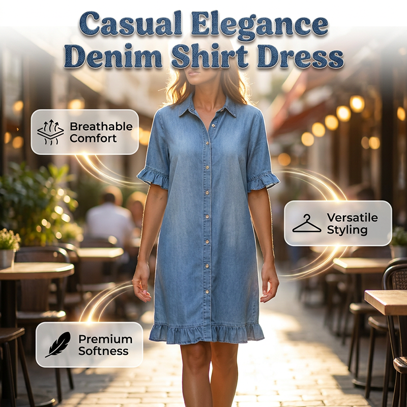 👖👗Lässiges Jeans-Kleid mit Rüschen – Weiches Denim-Shirtkleid mit Knopfleiste für Alltag, Büro & Date✨