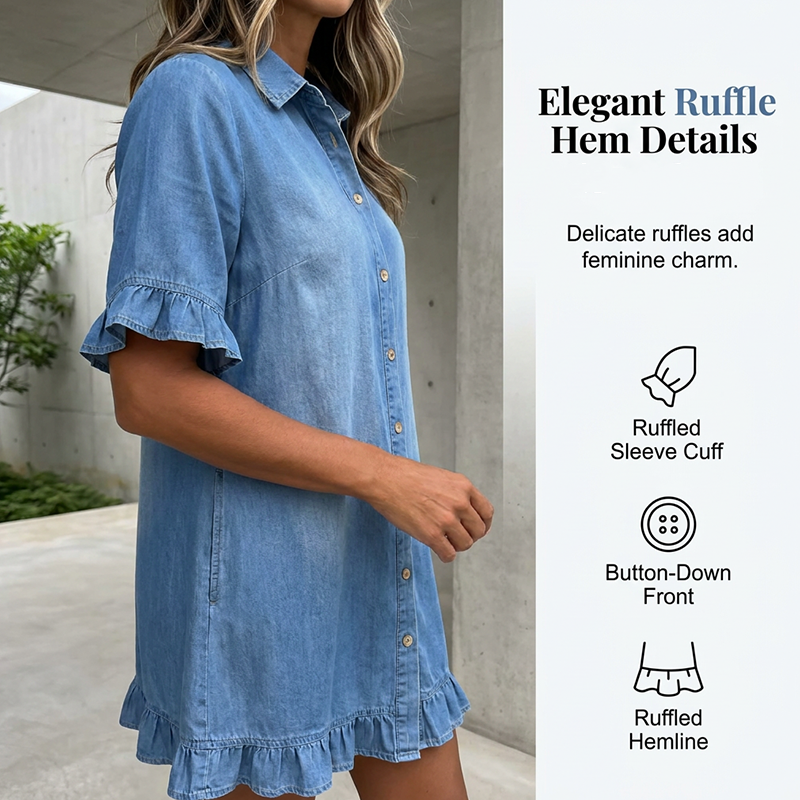 👖👗Lässiges Jeans-Kleid mit Rüschen – Weiches Denim-Shirtkleid mit Knopfleiste für Alltag, Büro & Date✨