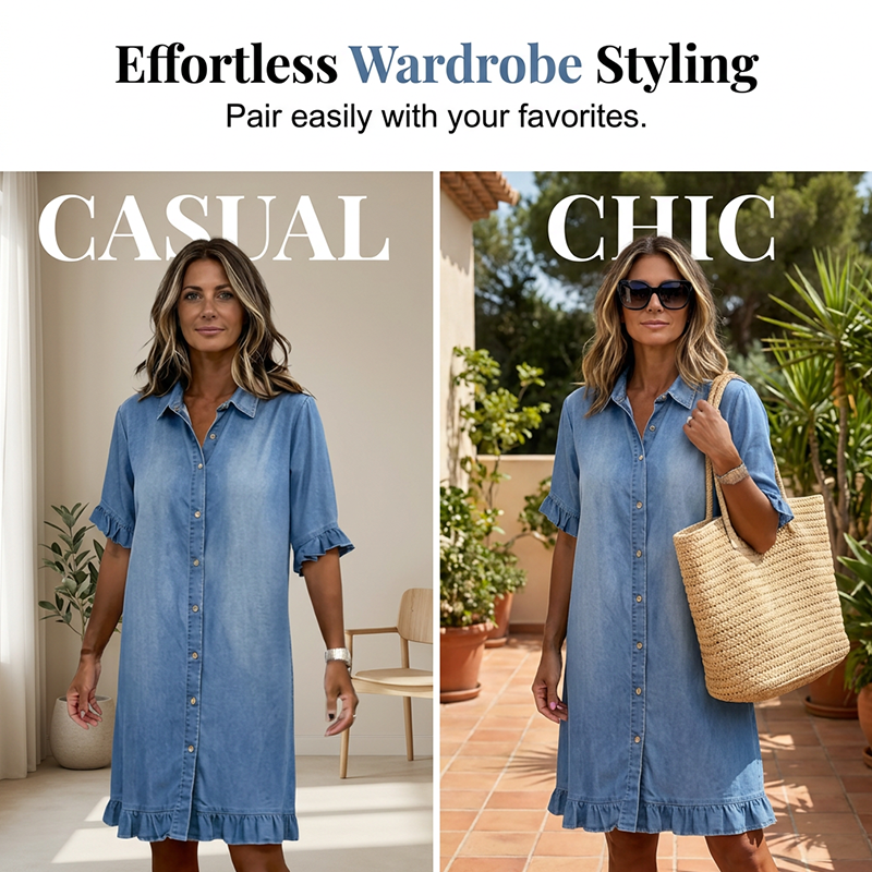 👖👗Lässiges Jeans-Kleid mit Rüschen – Weiches Denim-Shirtkleid mit Knopfleiste für Alltag, Büro & Date✨