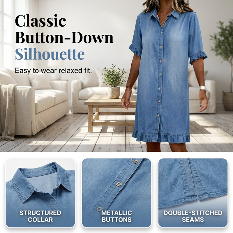 👖👗Lässiges Jeans-Kleid mit Rüschen – Weiches Denim-Shirtkleid mit Knopfleiste für Alltag, Büro & Date✨
