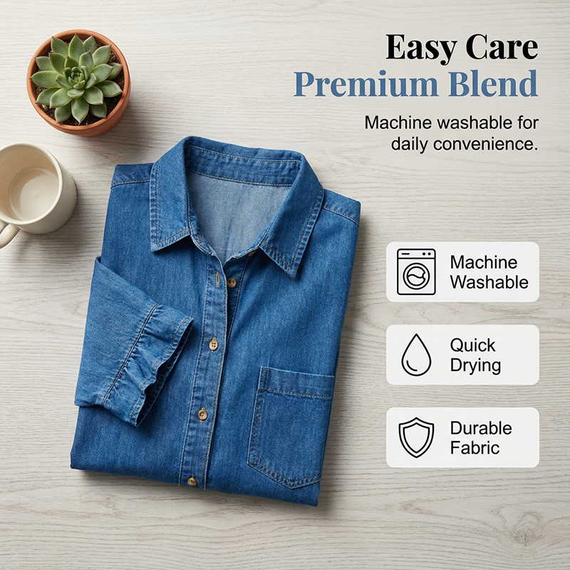 👖👗Lässiges Jeans-Kleid mit Rüschen – Weiches Denim-Shirtkleid mit Knopfleiste für Alltag, Büro & Date✨