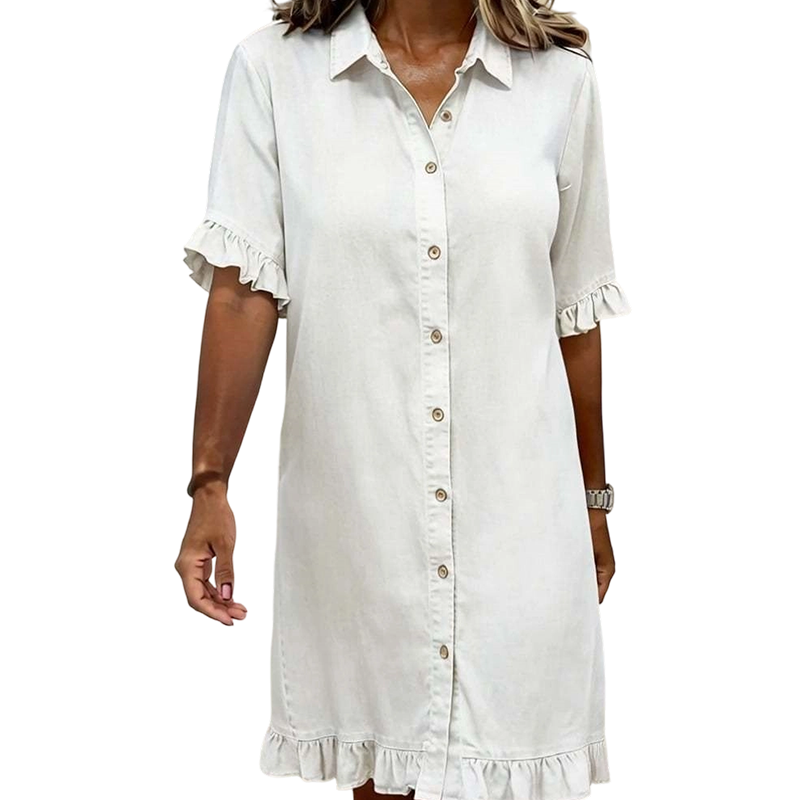 👖👗Lässiges Jeans-Kleid mit Rüschen – Weiches Denim-Shirtkleid mit Knopfleiste für Alltag, Büro & Date✨