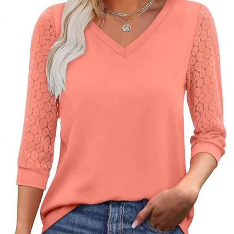 🌸 Lässiges Damen-Top mit V-Ausschnitt & Spitzen-3/4-Ärmeln – Elegant & vielseitig kombinierbar!