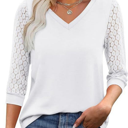🌸 Lässiges Damen-Top mit V-Ausschnitt & Spitzen-3/4-Ärmeln – Elegant & vielseitig kombinierbar!